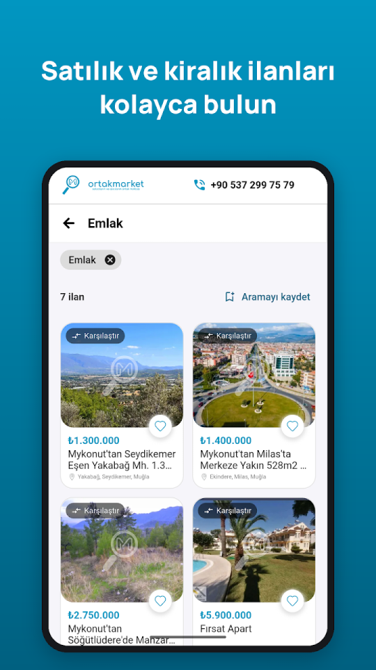Ortak Market uygulamasında satılık ve kiralık emlak ilanları listesi